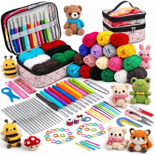 Crochet Kit Beginners Crochet Kit 105 Pieces- Adult Crafts Crochet Kit Beginners Premium - Includes 18 Balls of Yarns, Crochet Needles, Markers, Crochet Yarn, Scissors...