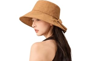 Womens Cotton Linen Sun Hat, Summer Back Slit Bowknot Bucket Hat, Breathable Wide Brim Fisherman Cap, Foldable Beach Hat