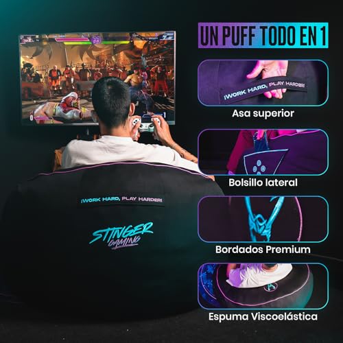 Woxter Stinger Puff Gaming – Ergonomic, Gaming Chair, Filling Included, Stain and Breathable Fabric, Gray & Black