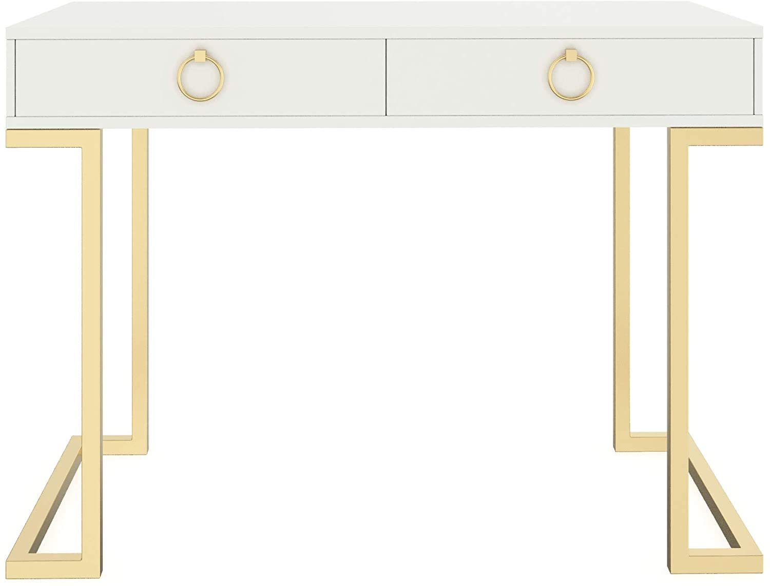 Nathan James Leighton Two-Drawer Writing Glam Accents Brass, Home Office Computer Desk or Vanity Table, 2, White/Gold, Small Image
