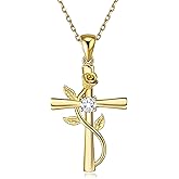 BlingGem Cross Necklace for Women Sterling Silver Cross Necklaces Pendant White/Rose/Gold Plated Cubic Zirconia Flower Necklace Gifts for Women