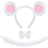 JTYKUYR 3Pcs Mouse Costume Ears Headband and Bow Tie Tail Set- White Mouse Headband Tail for Halloween Cosplay Theme Party