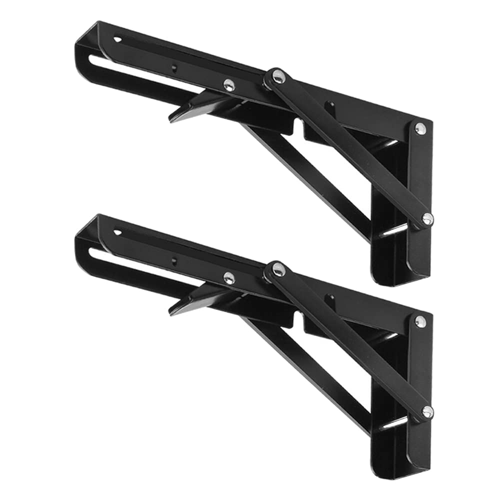 CEEYSEE 2 Pcs Folding Shelf Brackets 8 Inch Heavy Duty Metal DIY Triangle Wall Mount Collapsible Shelf Bracket for Tables Benches Shelves Space Saving (Black 8 Inch) — image 1