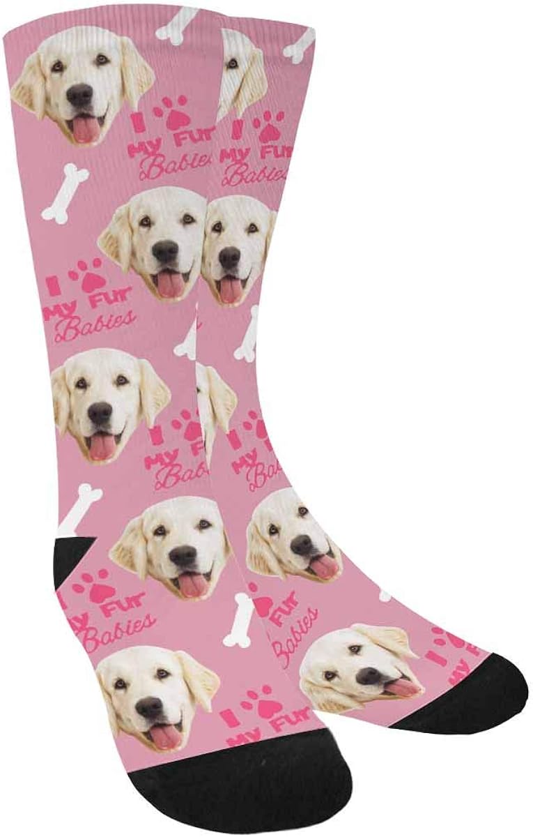 Amazon Com Custom Personalized Printed Photo Socks Turn Your Picture Face Into Dog Bone Paw I Love My Fur Babies Pink Crew Socks Unisex Clothing