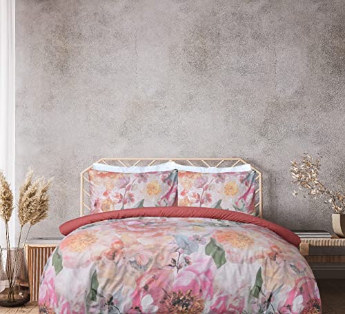 Sleepdown 100% Pure Cotton Large Floral Multi Dark Rose Plain Reverse Duvet Cover Quilt Pillow Cases Bedding Set Soft Easy Care - King (230cm x 220cm)