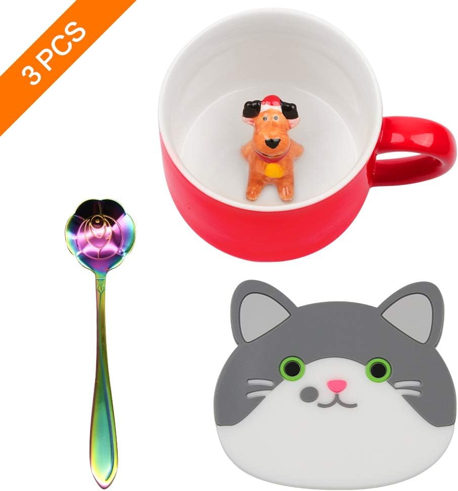 Ozazuco Christmas Coffee Mugs with Cute Figurine Inside, 3D Ceramic Cup Cute Coffee Mug Teacup +1pcs Coffee Tea Spoon and Cup Mat for Friends and Family(Christmas Elk)