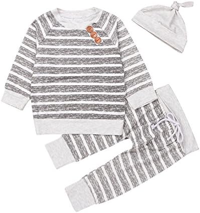 3PCs Baby Grey Strips T-Shirt Tops+Long Pants+Hat Set Outfits