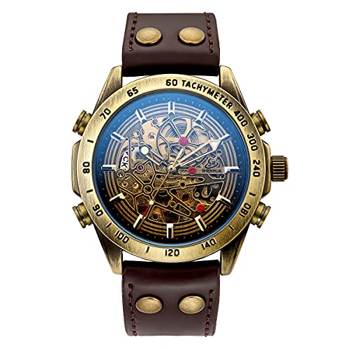 SHENHUA TIME24 Automatic Mechanical Men's Wrist Watch Skeleton Leather Strap Bronze Watch (Brown)
