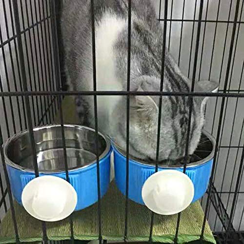 Dog Bowl Feeder Pet Puppy Food Water Bowl, 2-in-1 Plastic Bowl & Stainless Steel Bowl, Removable Hanging Cat Rabbit Bird Food Basin Dish Perfect for Crates & Cages, Blue