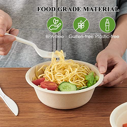 SYOSI Compostable Bowls, 12oz Disposable Paper Bowls, Biodegradable Soup Bowls Made of Natural Bagasse, Eco-Friendly Sugarcane Bowls for Salad Wheat Flakes 100 Pack (Nature)