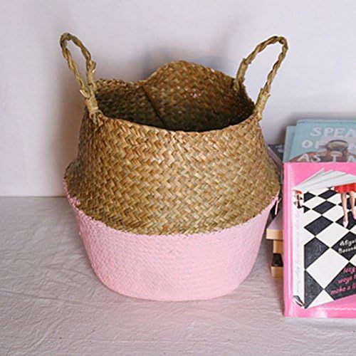 Yeefant Seagrass Wicker Flower Pot Folding Dirty Basket Woven Flowerpot Multi-use Arts and Crafts, Makeup, Stationary, Bath (Pink)