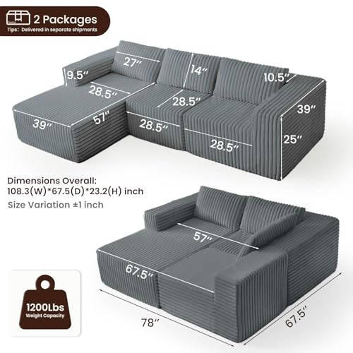 Fantico Modular Sectional Sofa Couch Luxurious Corduroy - High-Density Foam, Non-Slip Stability, Easy Setup with Box Packaging, Comfortable & Durable for Living Room, Apartment, Bedroom - Grey