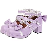 LUXMAX Women Lolita Cosplay Shoes Cross Strap Block Heel Mary Jane Lace Pumps