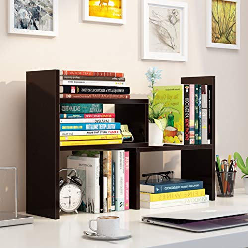 Office Desktop Bookshelf Adjustable Wood Display Shelf Desktop Organizer Office Storage Rack Countertop Bookcase Office Supplies Desk Organizer Accessories(Expandable, Espresso)