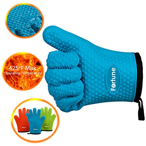 Silicone Grilling Gloves - Best Heat Resistant Oven Mitts For Cooking, Baking, BBQ & Boiling Non-Slip Potholders with Internal Cotton Layer - Includes Mini Oven Mitt (Blue)