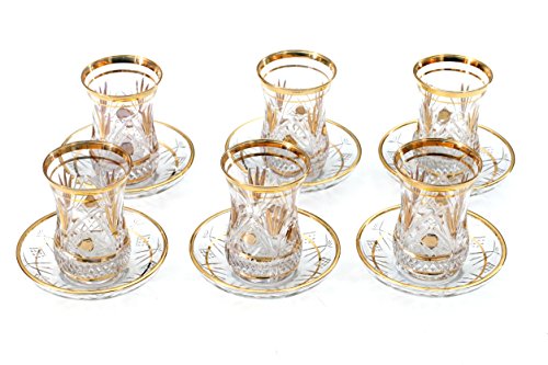 Original Turkish Tea Glasses with saucers sets (6 Pcs) (light Golden) 3 OZ