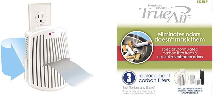 Hamilton Beach TrueAir Plug-Mount Odor Eliminator with Carbon Filter + Green Mountain Scent Cartridge, On/Off Fan (04530GM) & Replacement Carbon Filter, 1-Pack (04291G)