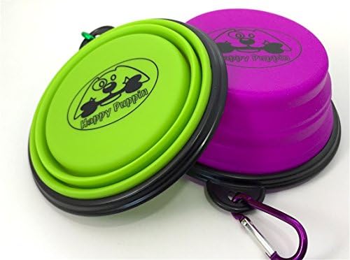 Happy Puppin 2-Pack Silicone Collapsible Dog Bowll, Green &amp; Purple, Camping, Portable Travel Dog Bowl, Food Grade Silicone BPA Free, FDA Approved, Expandable Foldable Bowl (Two Pack, Green &amp; Purple)