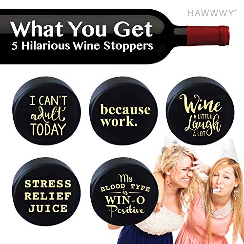 Hawwwy Funny Wine Stoppers, 5 Pack Hilarious Bottle Topper Sayings Cute Kitchen Gadgets Gifts