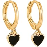 Cute Black Heart Huggie Hoop Earrings for Women Silver Gold-Toned Enamel Small Love Hearted Drop Dangling Hoops Earrings Cartilage Tragus Piercing Valentine Holiday Jewelry for Lover Mother
