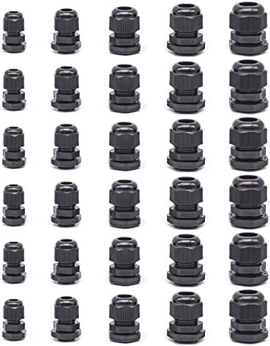 30 Pcs Cable Glands,Plastic Waterproof Cable Connectors,Adjustable 3.5-13mm Cable Gland Joints,PG7, PG9, PG11, PG13.5, PG16 (Black) by Jetovo