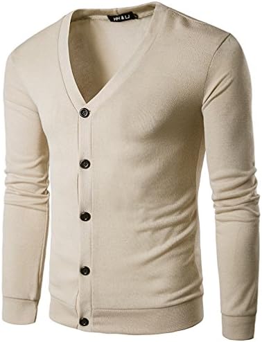 HHLJ Mens Casual Slim Fit Basic Designed Long Sleeve V-Neck Front Button Knitted Cardigan Coat Sweater (2XL, Beige)
