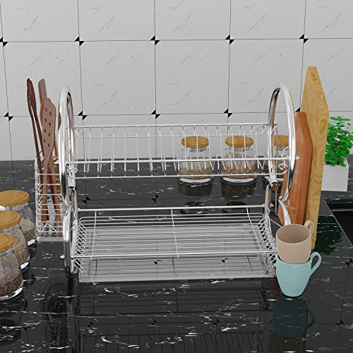 Meflying 2-Tier Dish Rack, Stainless Steel Dish Rack Drain Board Drainer Dryer Tray Holder For Glass Cup Home Kitchen - Thumbnail 3