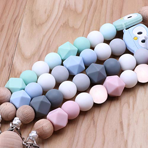 Forgun Owl Silicone Teething Pacifier Clips with Safe Wooden Beads Pacifier Chain Holder for Nipples Baby Chew Toys