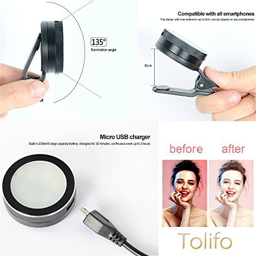 Tolifo Selfie Light for Camera Rechargable Battery Selfie LED Camera Light for iPhone iPad Sumsung Galaxy Photography Phones (Black)