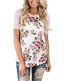MEROKEETY Women's Floral Print Striped Tee Crew Neck Shirt Short Sleeve Tops with Pocket