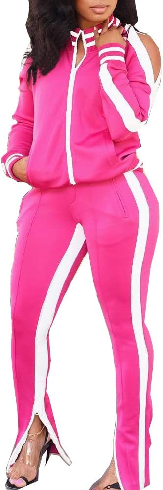 Two Womens Two Piece Tracksuit Outfits - Club Outfits Sweatsuit Stripe Patchwork Long Sleeve Skinny Pants Split with Zipper