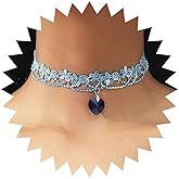 Jugielu Boho Lace Choker Necklace Sapphire Heart Pendant Necklace Blue Short Lace Necklace Hollow Lace Flower Collar Necklace Jewelry for Women