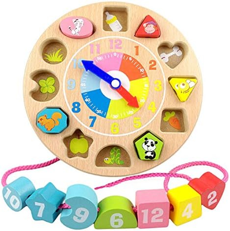 Elloapic Children's Teaching Clocks Time Learning Wooden Shape Sorting Clock Wooden Threading Lacing Beads String