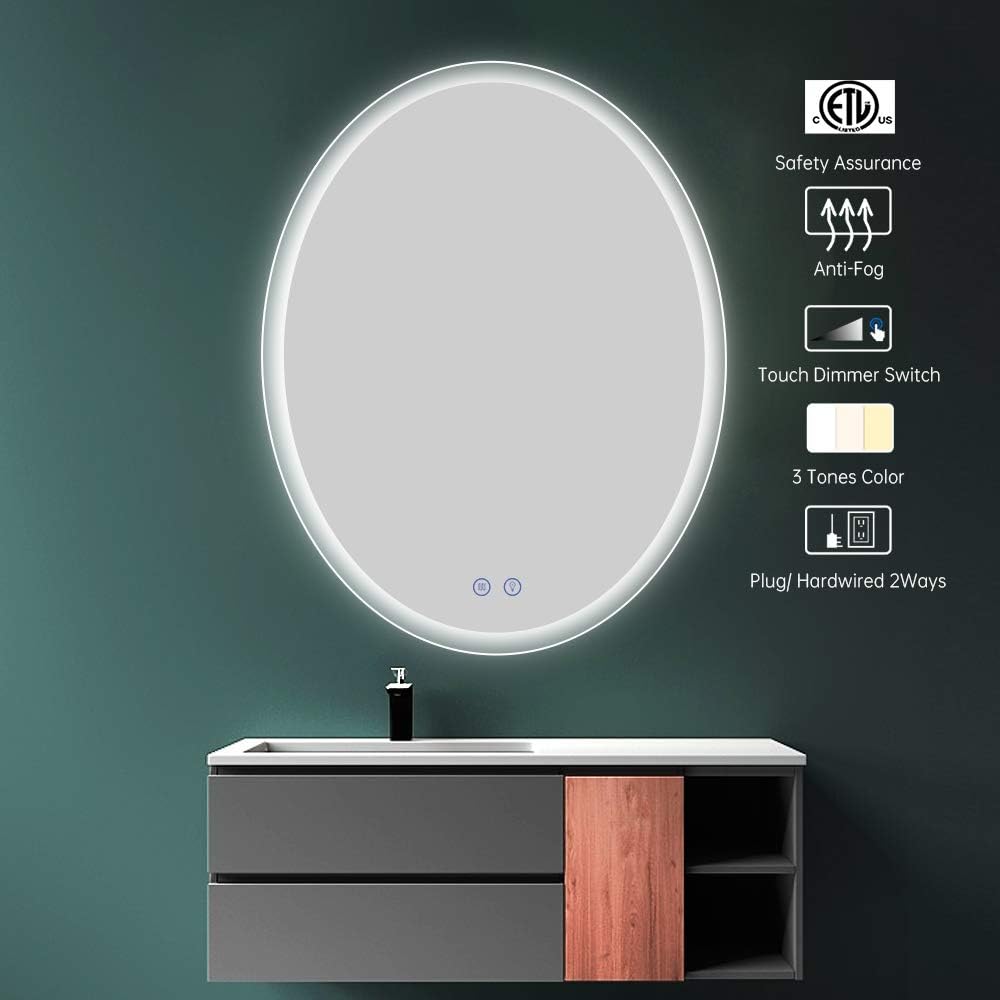 OKISS LED Bathroom Wall Mounted Mirror Bathroom Vanity Mirror with Smart Touch Control Brightness, Anti-Fog Makeup Mirror (Oval 30x24inch)