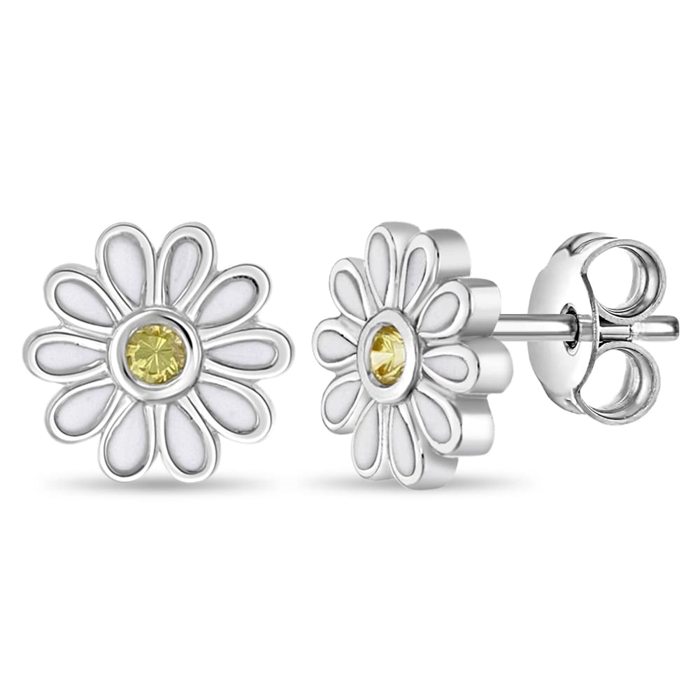 925 Sterling Silver Yellow Cubic Zirconia White Enamel Daisy Flower Earrings for Young Girls and Preteens 10mm - Gorgeous and Delicate Petite Daisy Earrings for Little Girls