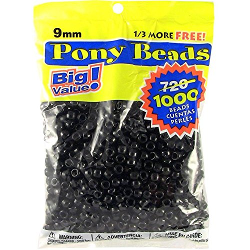 Darice Opaque Black Pony Beads - Great Craft Projects for All Ages - Bead Jewelry, Ornaments, Key Chains, Hair Beading - Round Plastic Bead With Center Hole, 9mm Diameter, 1,000 Beads Per Bag