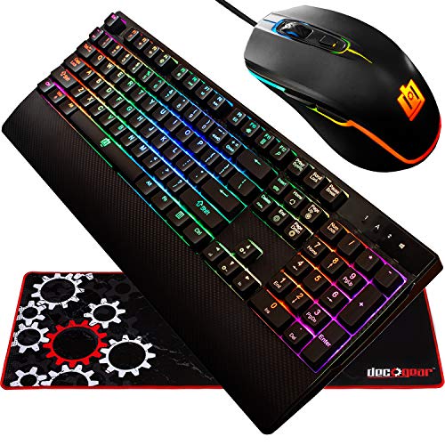 Deco Gear Gaming Accessory Bundle – Mechanical 18-Mode 104 Key RGB Keyboard with 11-Mode RGB Gaming Mouse and 32″ x 12″ Extended Mouse Pad