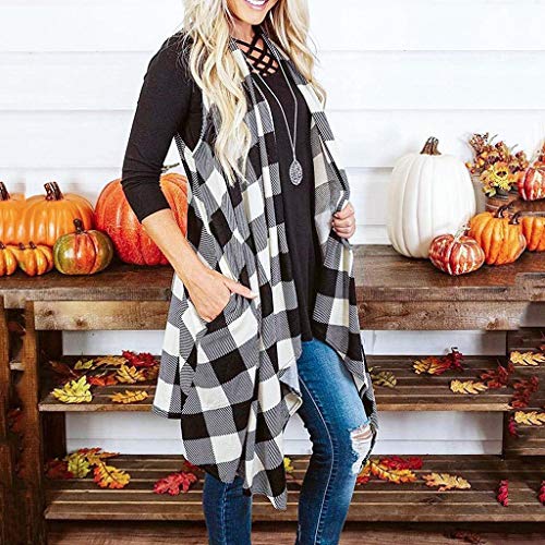 Womens Plaid Open Front Vest Cardigan Sleeveless Drape Lightweight Coat with Pockets White