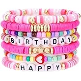 Pingyongchang Colorful Birthday Stackable Bracelets Set Handmade Happy Birthday Polymer Clay Beads Stretch Bracelets Boho Surfer Heishi Friendship Jewelry Gifts for Women