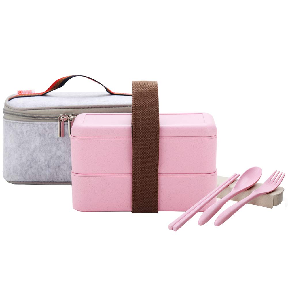 YBOBK HOME Japanese Bento Box Microwave Safe Lunch Box with Bag and Reusable Flatware Utensils Set Stackable Bento Lunch Box Plastic Wheat Straw Bento Box Dishwasher Safe for Adult Kid (2-Tier, Pink)