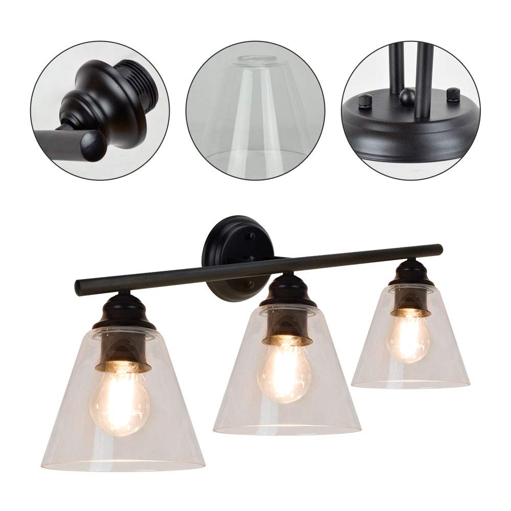 DLLT Vanity Wall Light Fixture, Rustic Bathroom Lighting, 3 Light Wall Sconces Lamp with Glass Shade for Powder Room, Hallway, Kitchen, Mirror, Laundry Room (E26 Base)