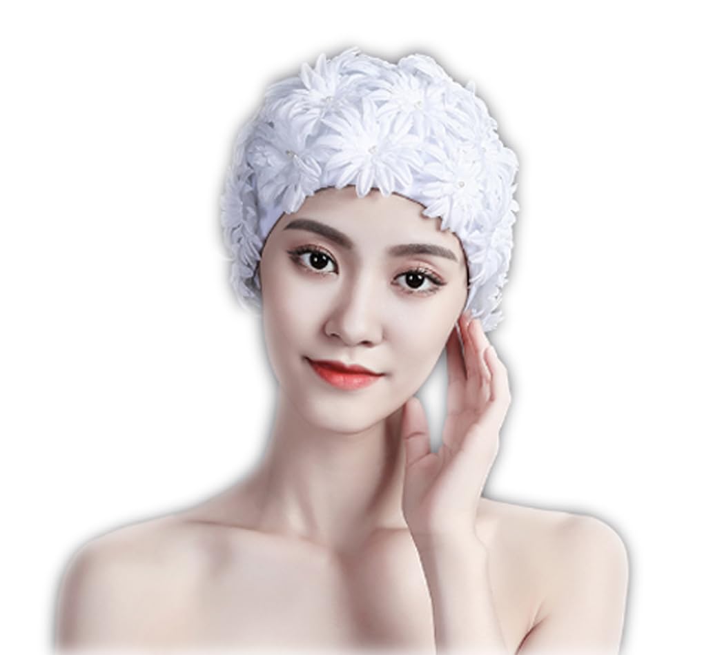 Women's Swan Style Elegant Floral Swimming Cap Pastel Bathing Cap High Elastic Short Long Hair Bath Cap Hat, White