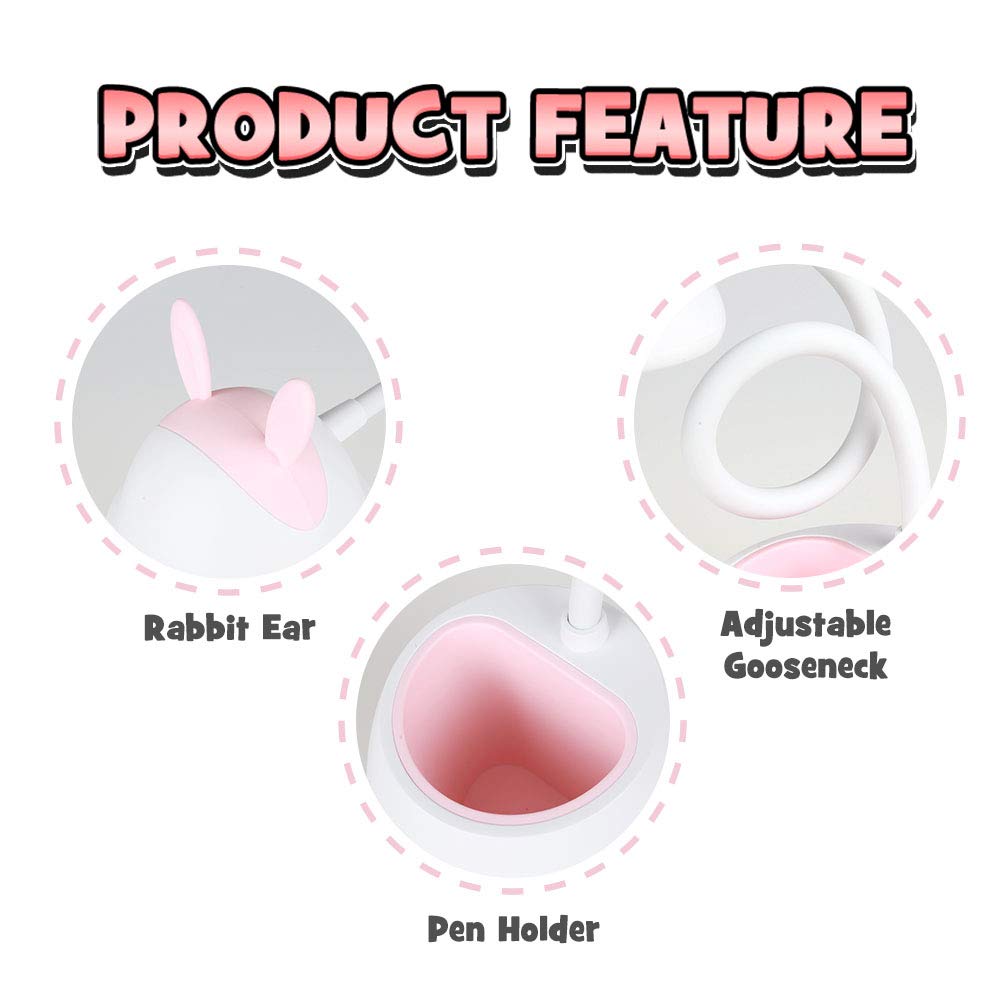 Neporal Led-Desk-Lamp-for-Kids-with-USB-Charging-Port 3 Brightness Adjustable Eye Caring Table Lamps Touch Control with Adjustable Gooseneck Wireless Study Lamp with Pen Holder for Kids Bedroom