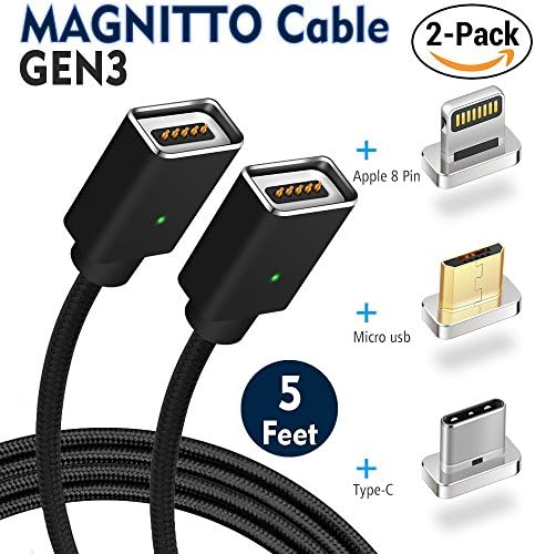 MAGNITTO Reversible Magnetic 3 in 1 USB C+Micro+Lightning Fast Charging Cable Data Sync for Android &amp; Apple devices (Samsung Galaxy S8 S9+,Google Pixel 2,HTC U11,LG V30 G6 G5 V20,Moto Z Z2) 5ft 2-Pack