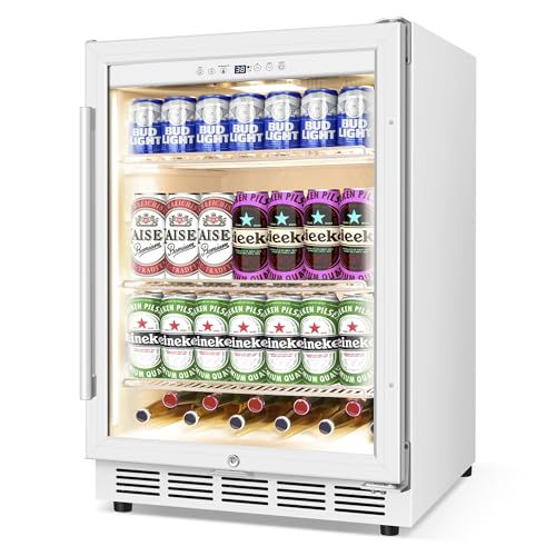 24 Inch Beverage Refrigerator, 150 Cans Wide Beverage Cooler and Beer Fridge with Glass Door and Powerful Cooling Compressor, Built-in/Freestanding Drink Fridge for Kitchen, Bar or Office,White