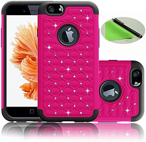 Coolzu(TM) iPhone 6 6S Case Heavy Duty Shock Absorbing Hybrid Stud Rhinestone Bling Dual Layer Protection Cover for Apple iPhone6 iphon6s Cases 4.7 Inch (Hot Pink)