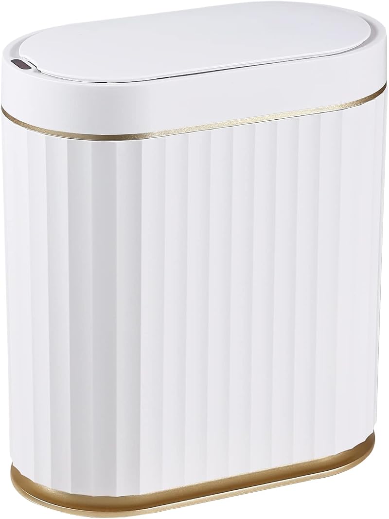 ELPHECO 9L Slim Wireless Motion Sensor Bathroom Trash Can White Gold Trim