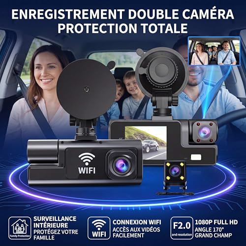 Dashcam 3 Cameras 1080P Full HD | Maximum 360° Security with No Dead Angle, Night Vision and Parking Monitored, Built-in WiFi Motion Detection, Ideal for Drivers