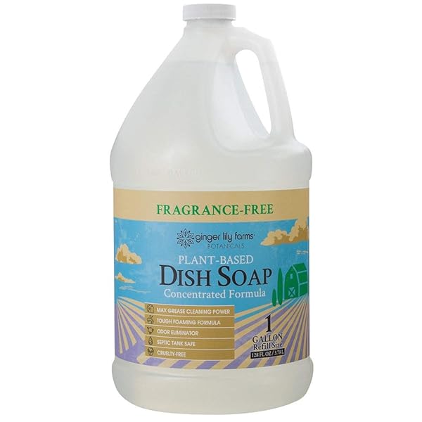 GINGER LILY FARMS BOTANICALS PLANT-BASED LIQUID DISH SOAP, CONCENTRATED FORMULA WITH MAX GREASE CLEANING POWER, CRUELTY-FREE, FRAGRANCE-FREE, 1 GALLON REFILL (128 FL. OZ.), CLEAR