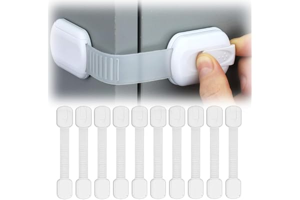 Child Safety Cabinet Locks 10 Pack, Adhesive Baby Proofing Latches | Adjustable no-drill ABS/TPE strap locks for drawers, cup